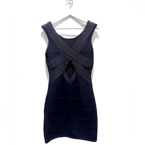 Y2K 2b Bebe Black Metallic Gold Sequin Bandage Sleeveless Cutout Back Slip - Picture 10 of 14